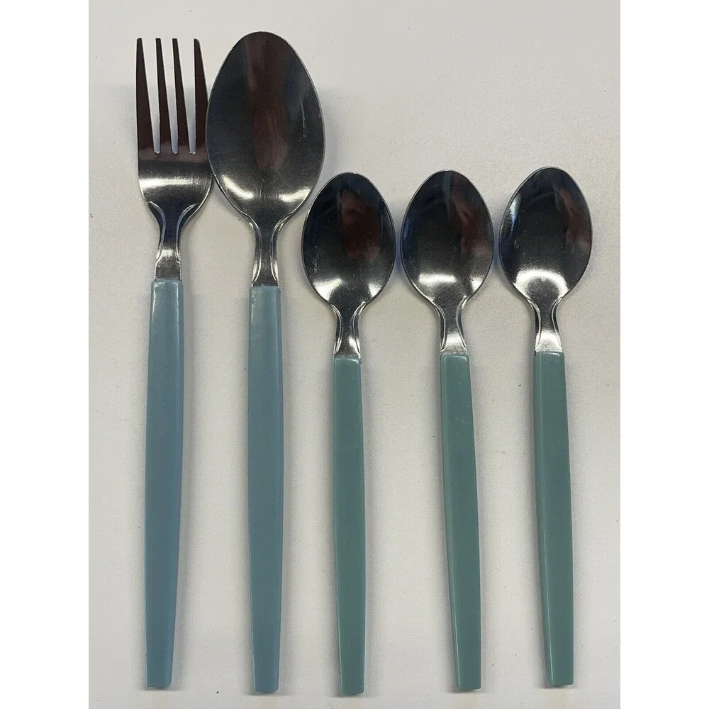 Vintage MCM carve Muffin Style Milky Blue Flatware Fork Spoon Lot Of 5